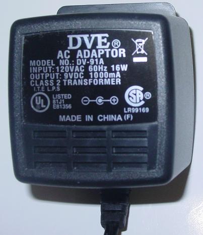DVE DV-91A AC ADAPTER 9VDC 1000mA 1906HB CLASS 2 TRANSFORMER POW
